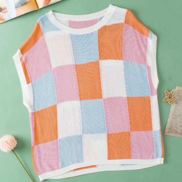 NWT Contrast Plaid Round Neck Crop Cap Sleeve Sweater - Picture 4 of 10